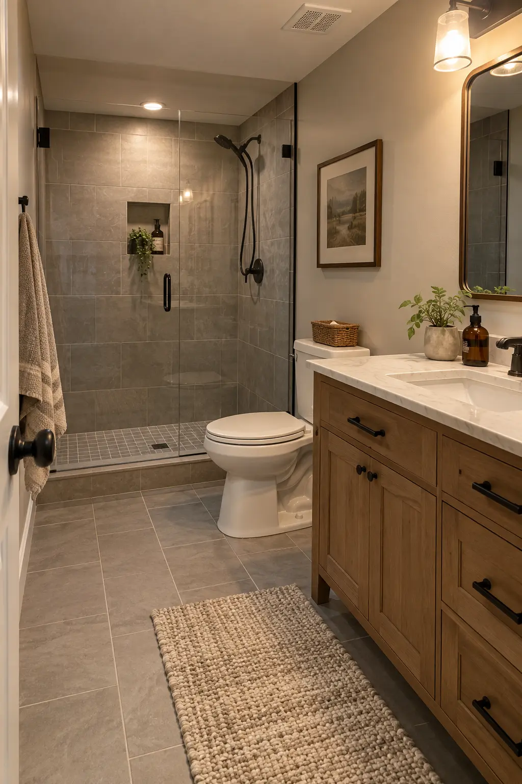 Completed basement bathroom with precisely aligned fixtures that reflect coordinated concealed rough-ins behind the walls
