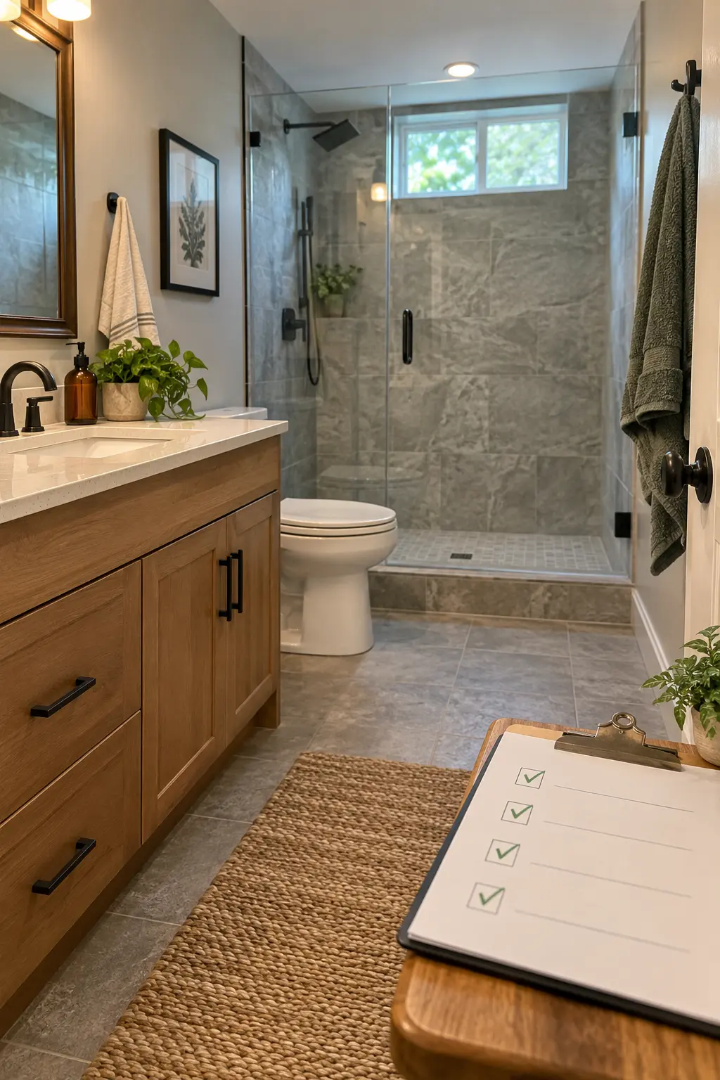 Finished basement bathroom beside a documented test checklist showing passed plumbing, waterproofing, electrical, and ventilation checks