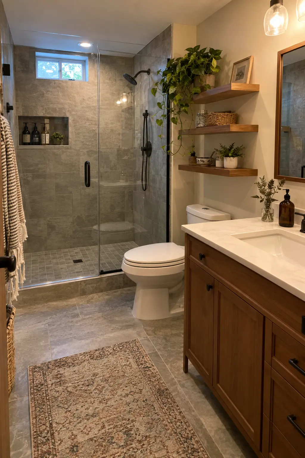 Completed basement bathroom with an organized tablet archive showing the exact pipes, wires, blocking, and waterproofing behind each wall