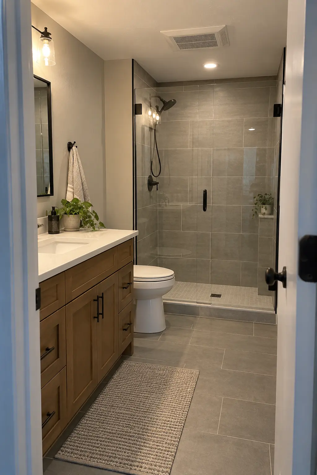 Completed basement bathroom with cured tile, protected vanity, installed glass, crisp paint, and clean final sealant lines