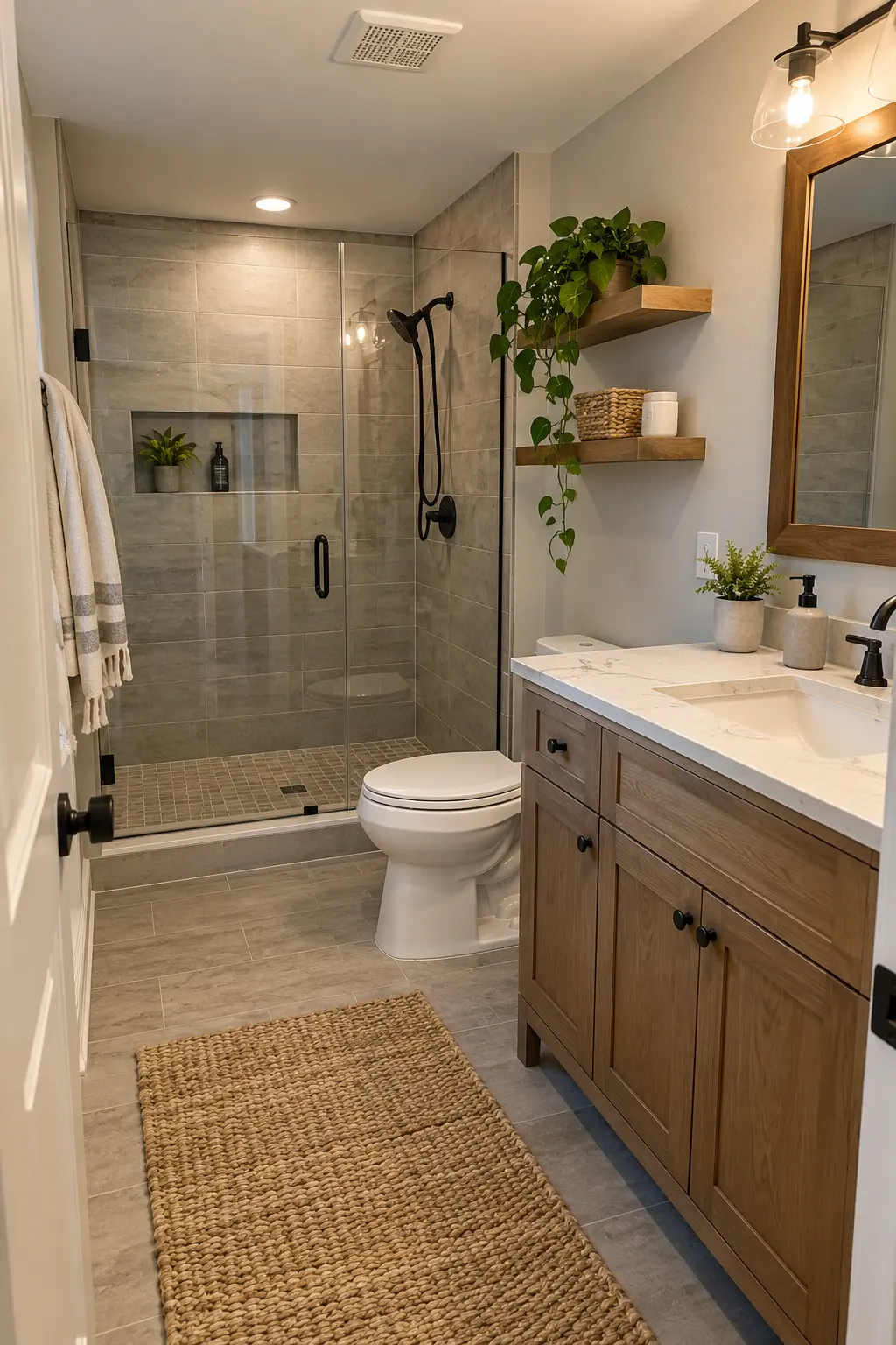 Finished basement bathroom during a meticulous punch-list review with aligned doors, clean sealant, and working fixtures