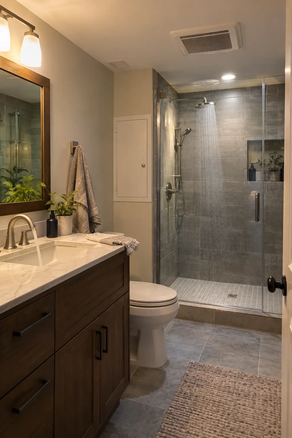 Completed basement bathroom with running sink and shower, active exhaust fan test, dry access panel, and functioning controls