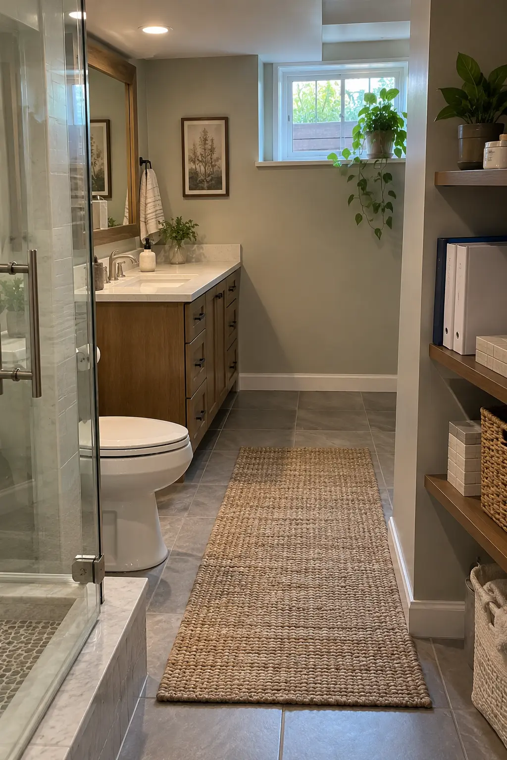 Finished basement bathroom with a labeled closeout binder, spare tile box, and one-page service map stored nearby