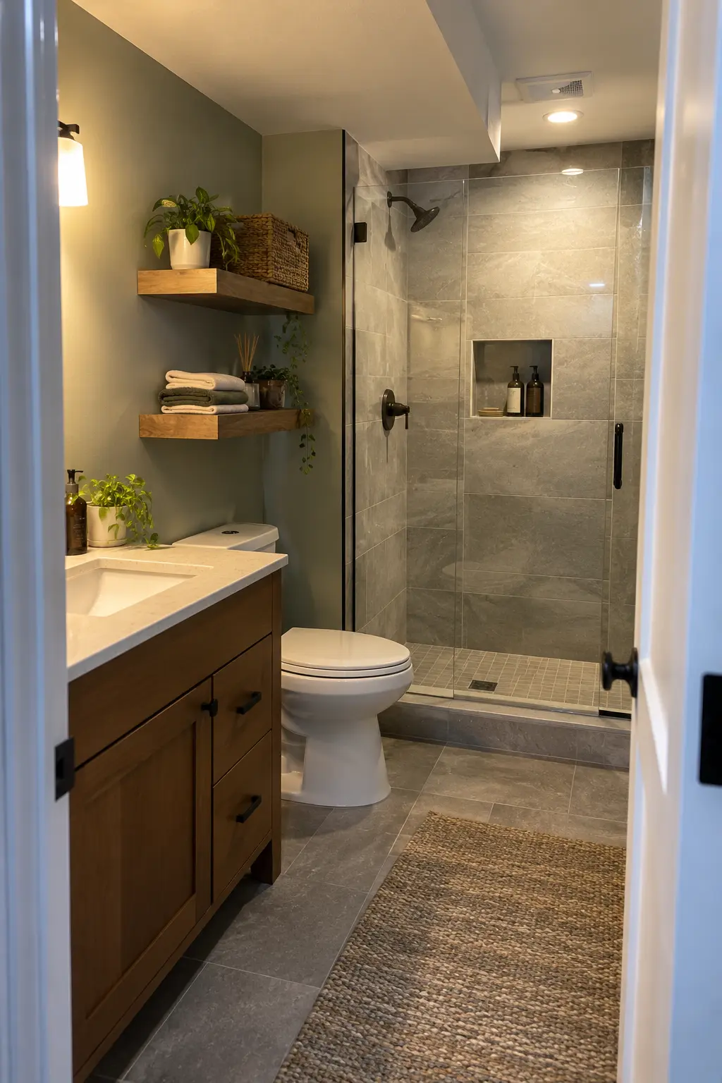 Completed practical basement bathroom with durable core finishes and clearly planned locations for future mirror, glass, and storage upgrades