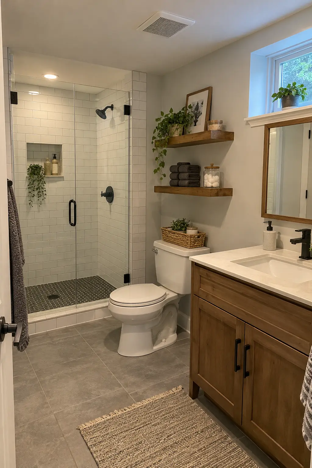Completed basement bathroom ready for use with dry floor, working fan, accessible service points, and a concise maintenance checklist