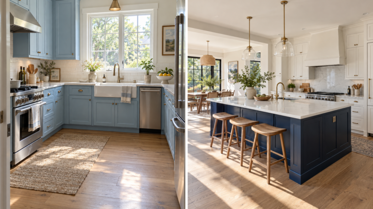 Powder-blue kitchen beside a bright kitchen with a deep navy island