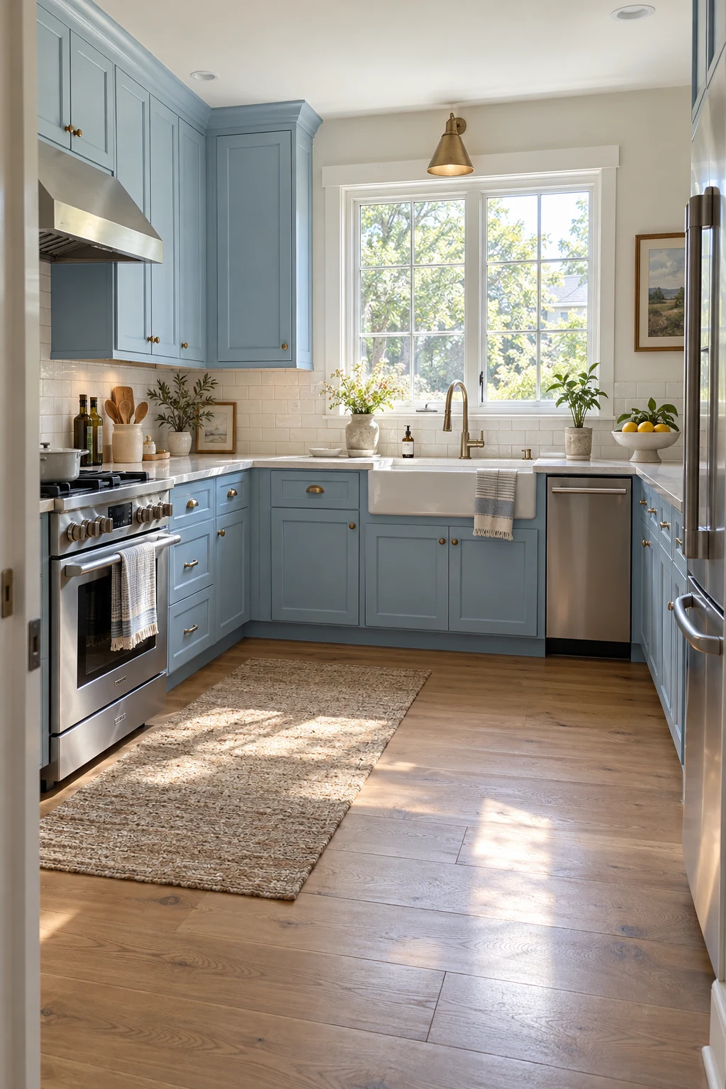 Airy kitchen with powder-blue Shaker cabinets, white quartz, and warm oak flooring