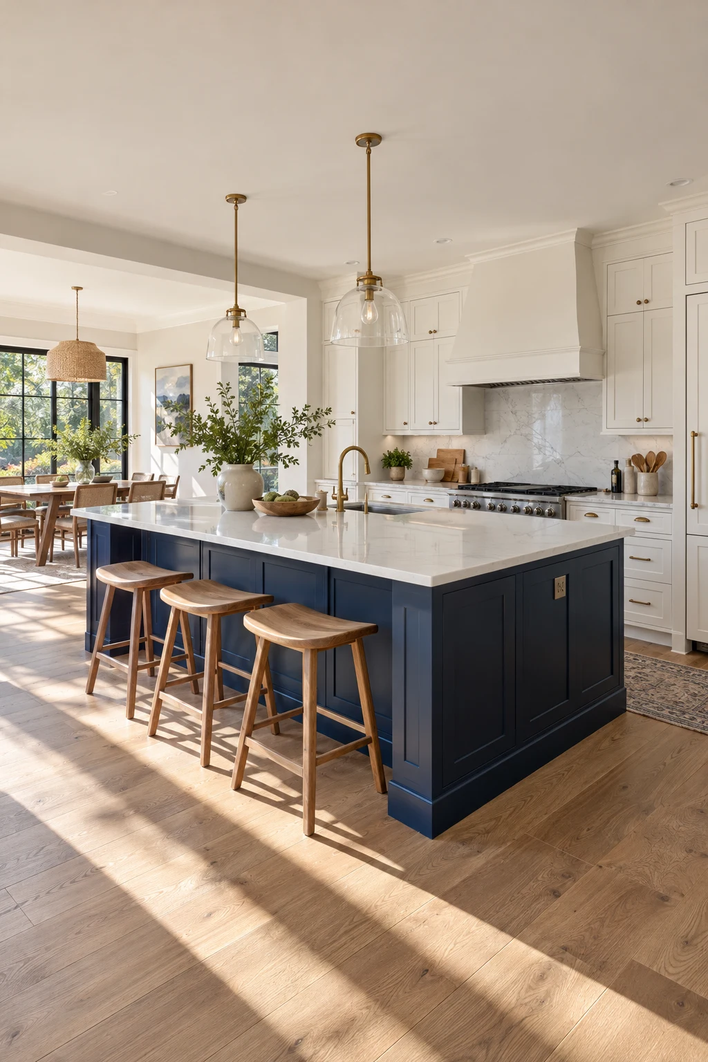 Bright kitchen with a deep navy island and warm-white perimeter cabinets