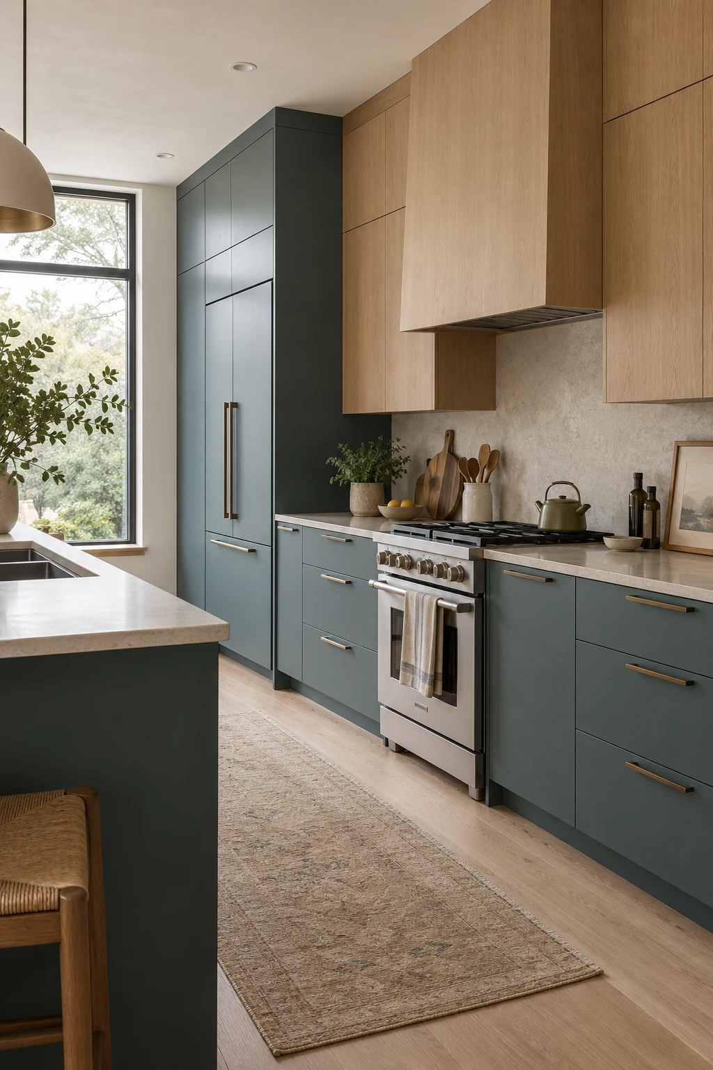 Contemporary kitchen with smoky blue-green slab cabinets and white-oak uppers
