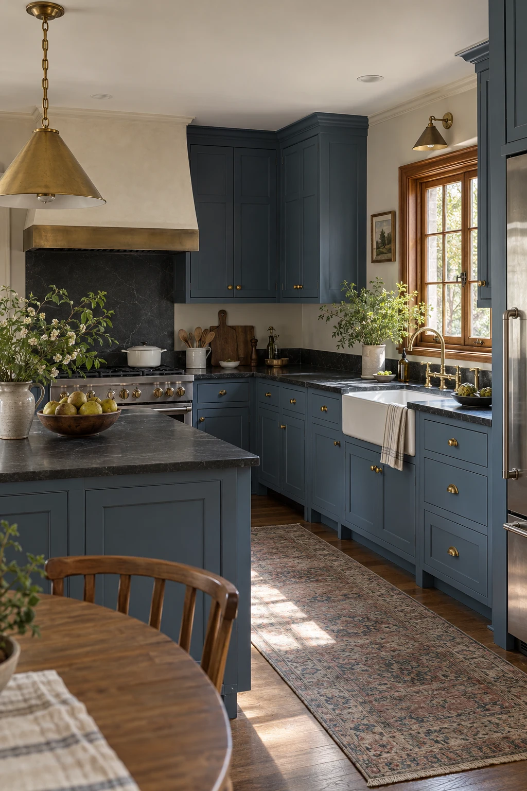 Traditional kitchen with denim-blue inset cabinets and honed soapstone counters