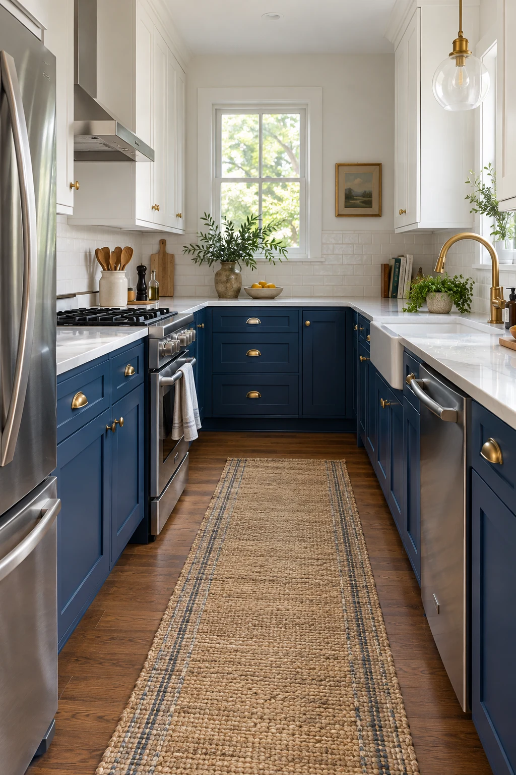 Compact kitchen with cobalt-blue lower cabinets and white upper cabinets