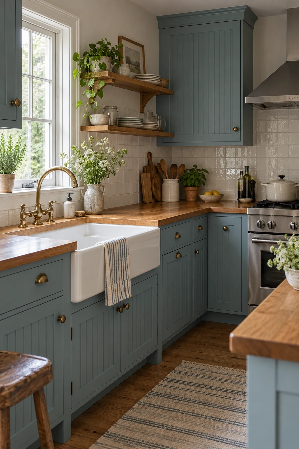 Cottage kitchen with duck-egg-blue cabinets and butcher-block counters