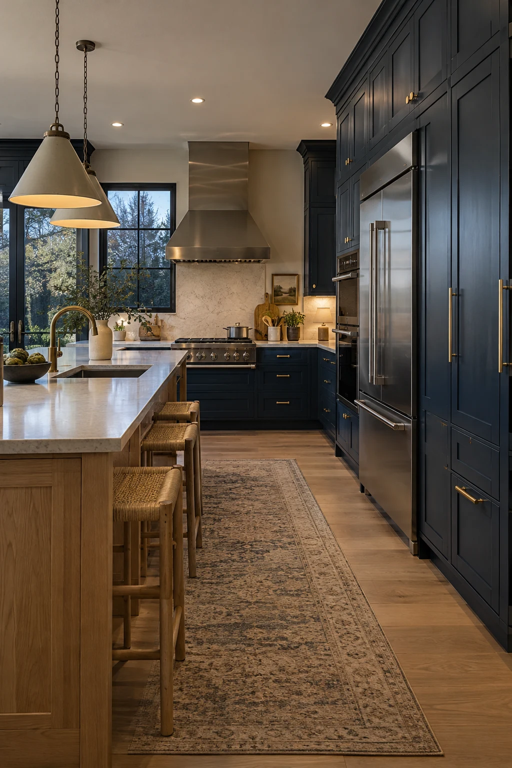 Kitchen with a floor-to-ceiling midnight-blue pantry and appliance wall