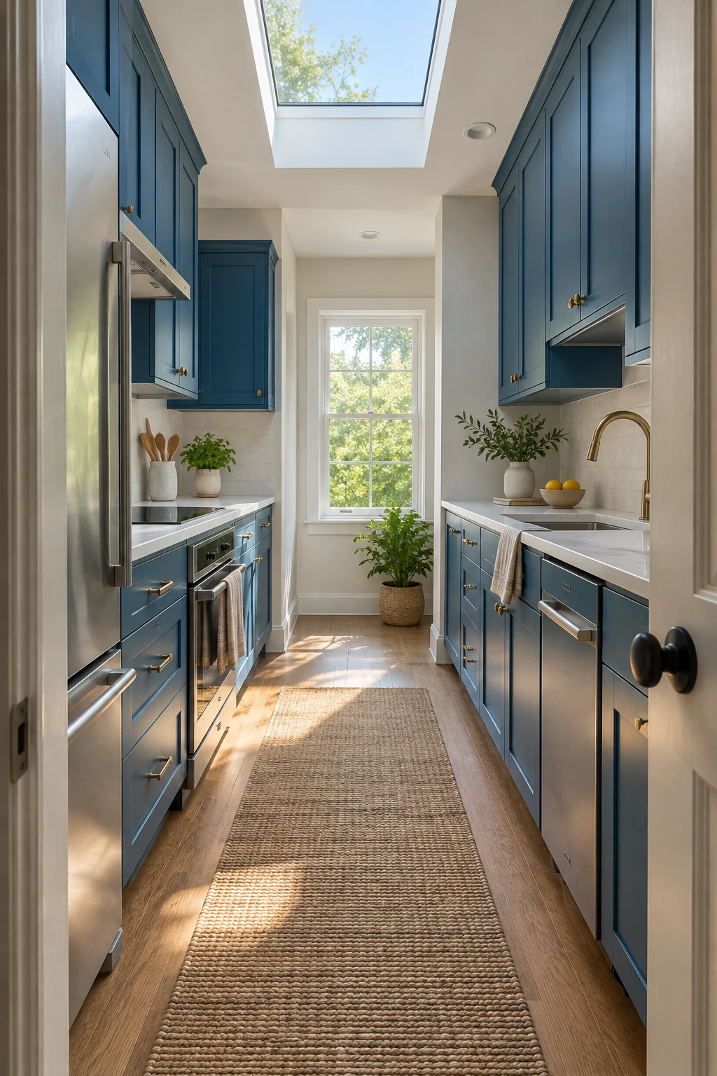Narrow galley kitchen with cerulean-blue cabinets and a skylight