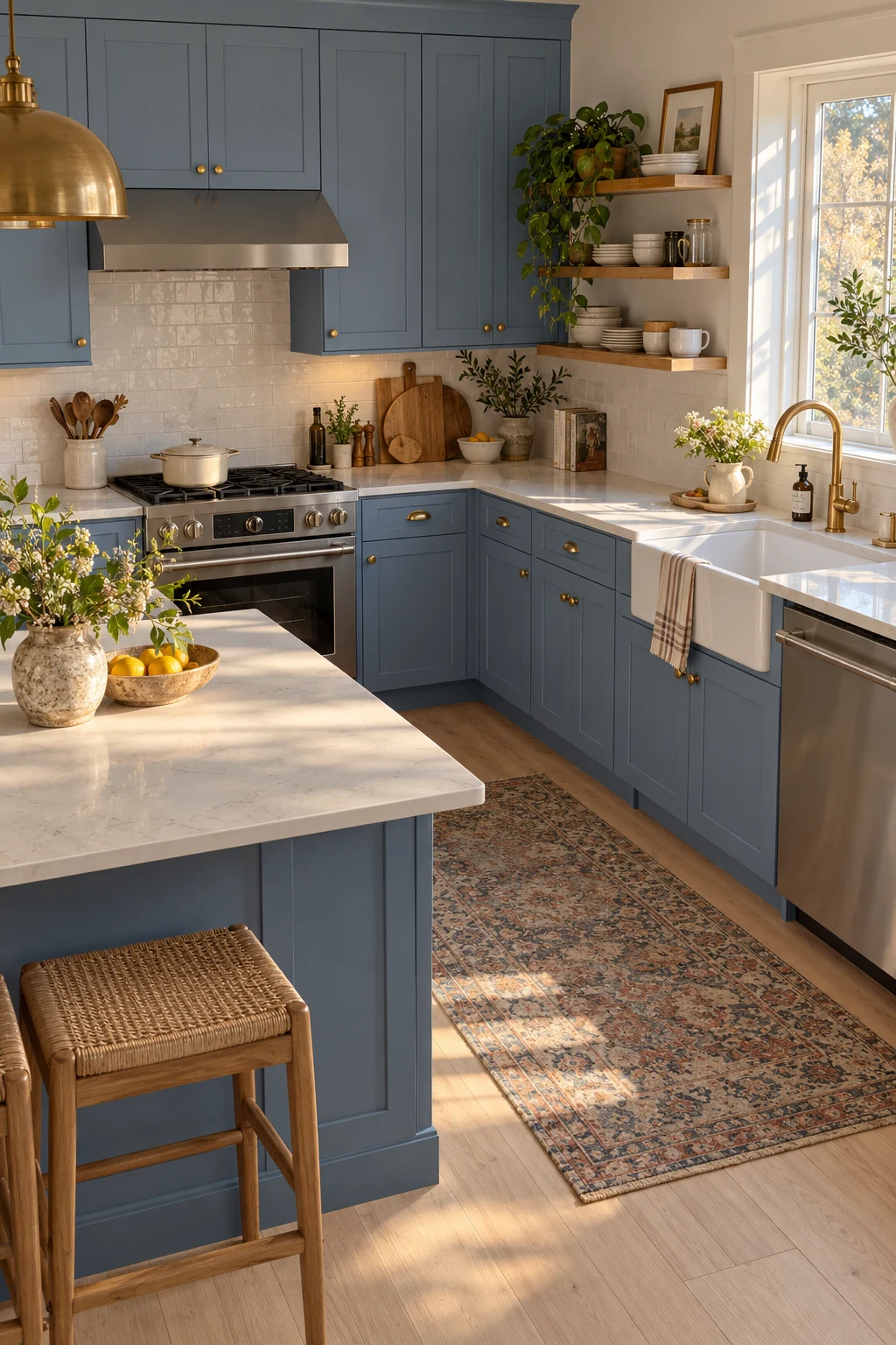 Kitchen with dusty periwinkle cabinets and warm brass hardware