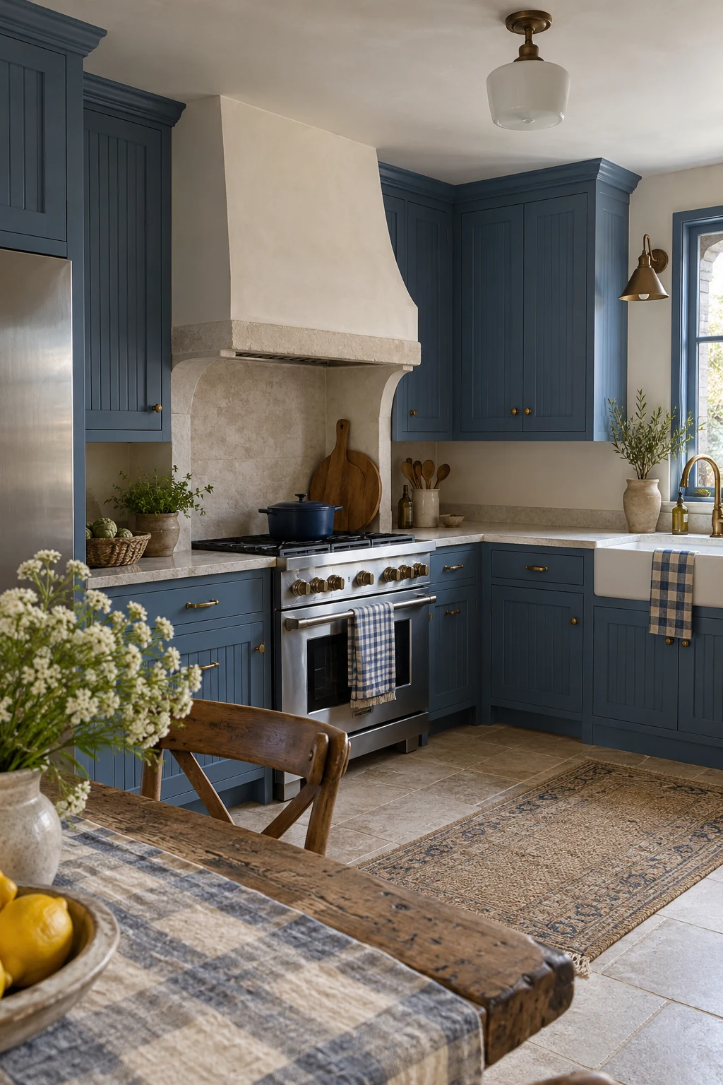 French-inspired kitchen with blue beadboard cabinet fronts