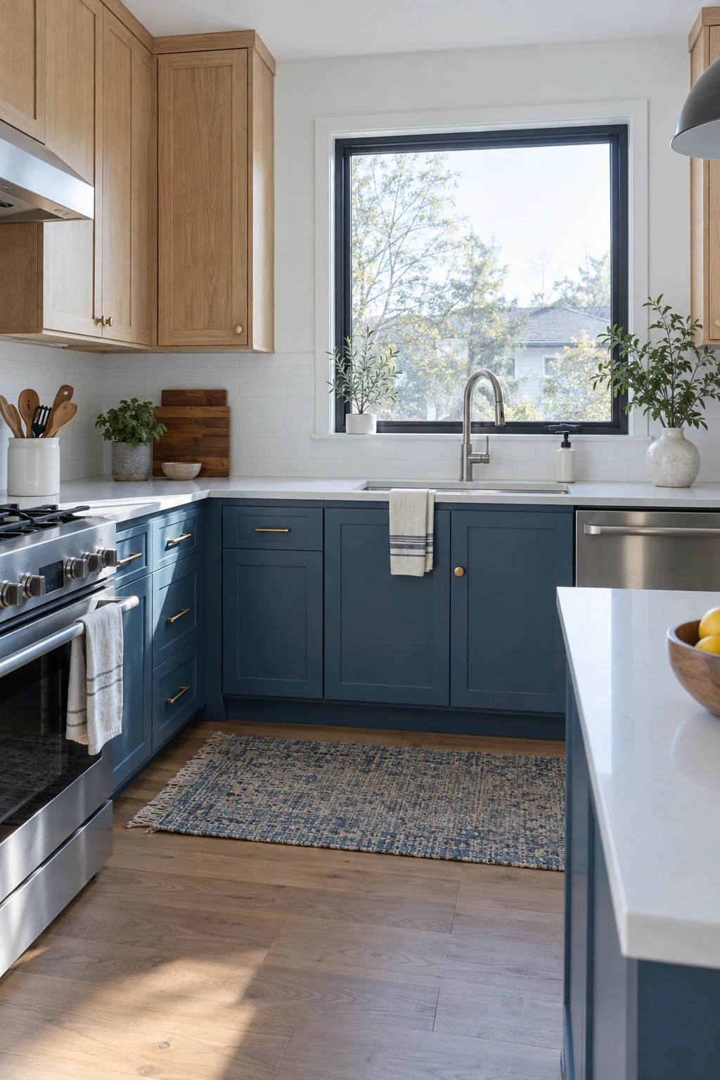 Kitchen with medium-blue base cabinets and light-oak upper cabinets