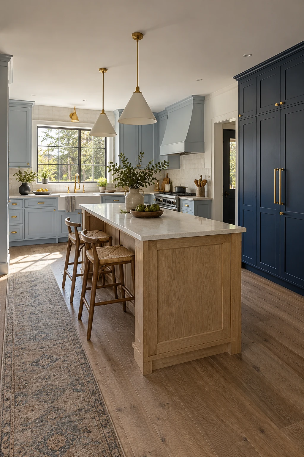 Kitchen with a navy tall cabinet bank and pale-blue perimeter cabinets