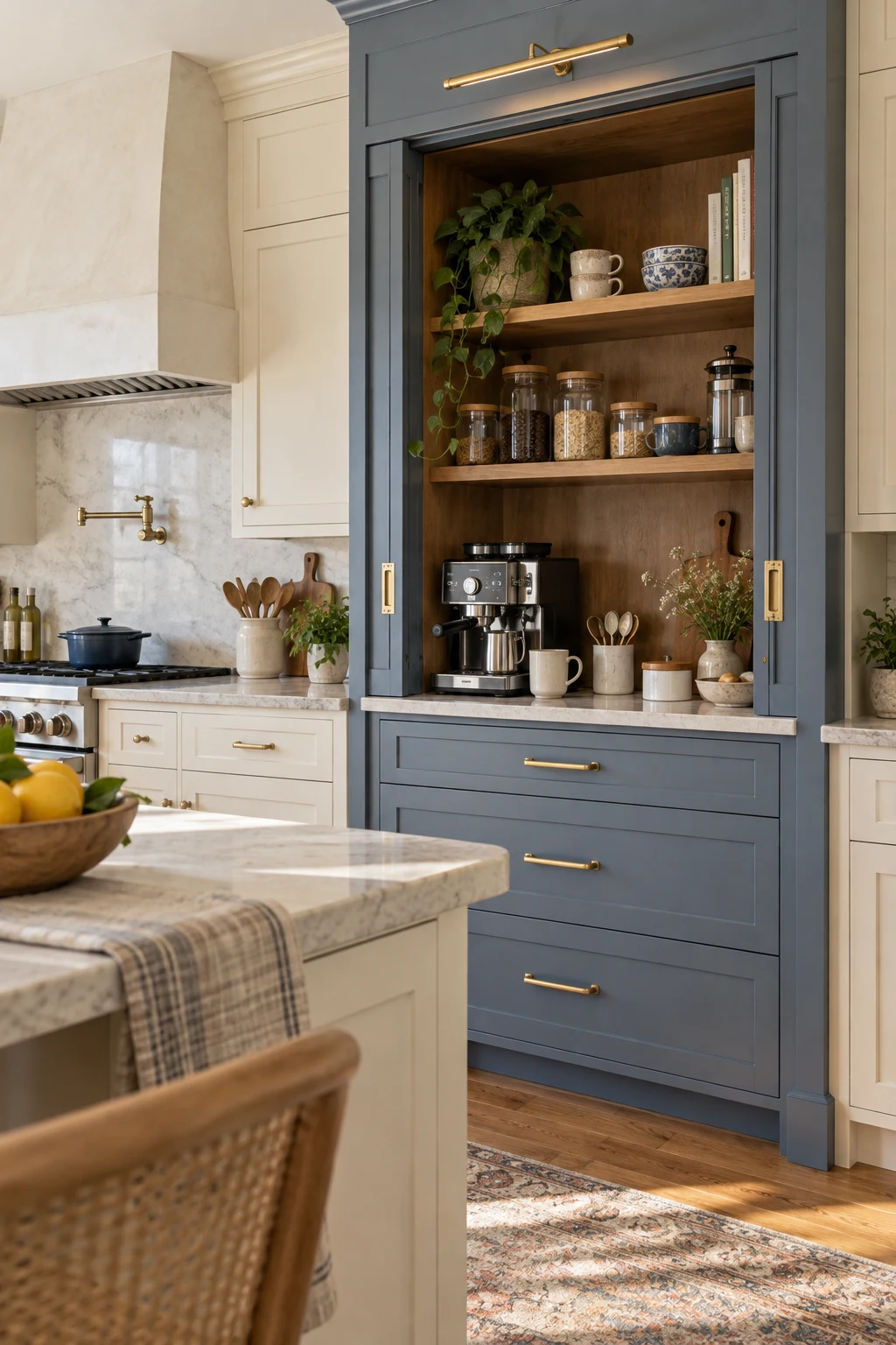 Built-in blue breakfast hutch with open pocket doors and coffee storage