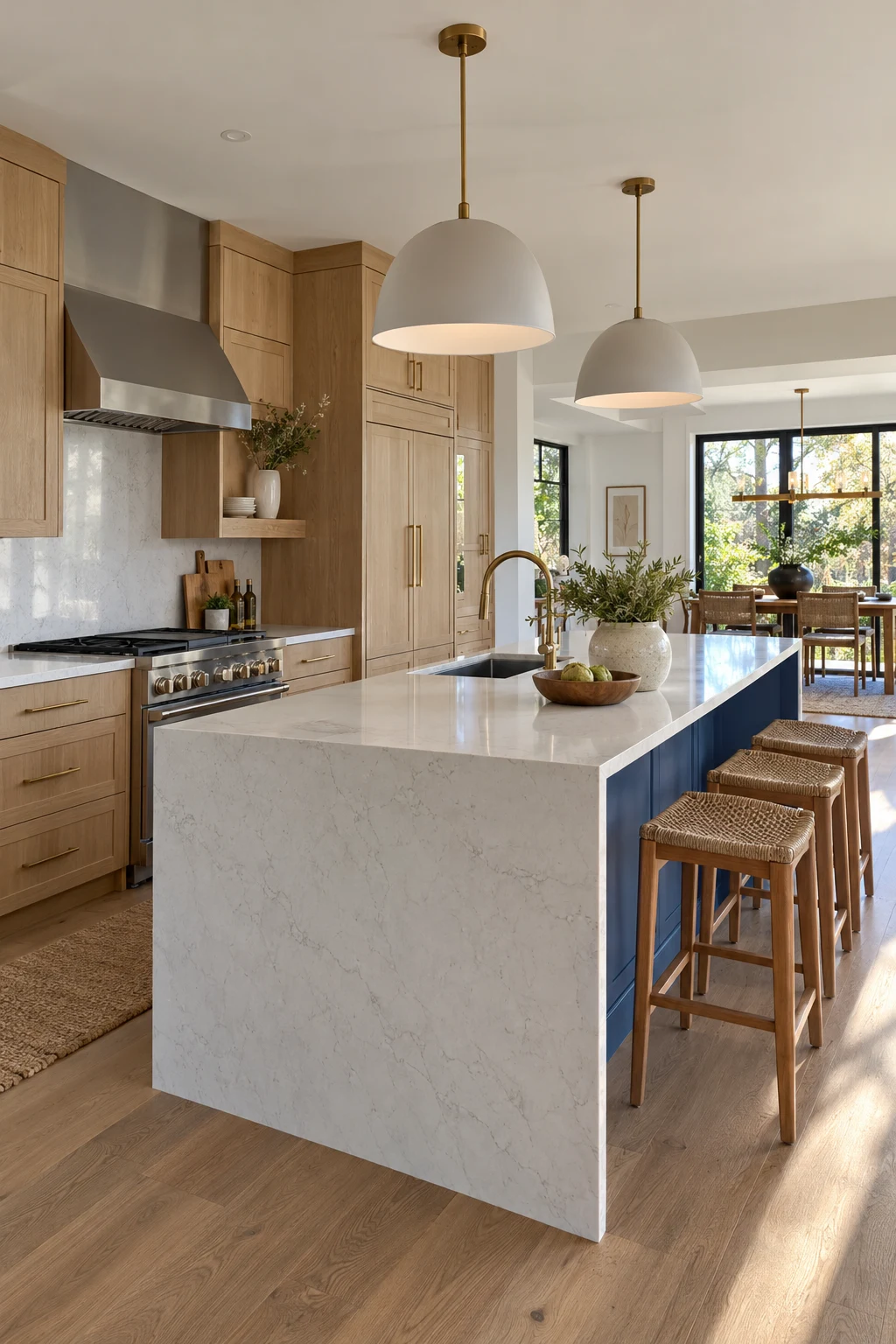 Blue kitchen island with a pale quartz waterfall edge