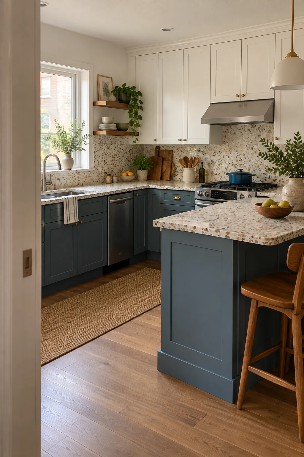 Compact U-shaped kitchen with a muted-blue seating peninsula
