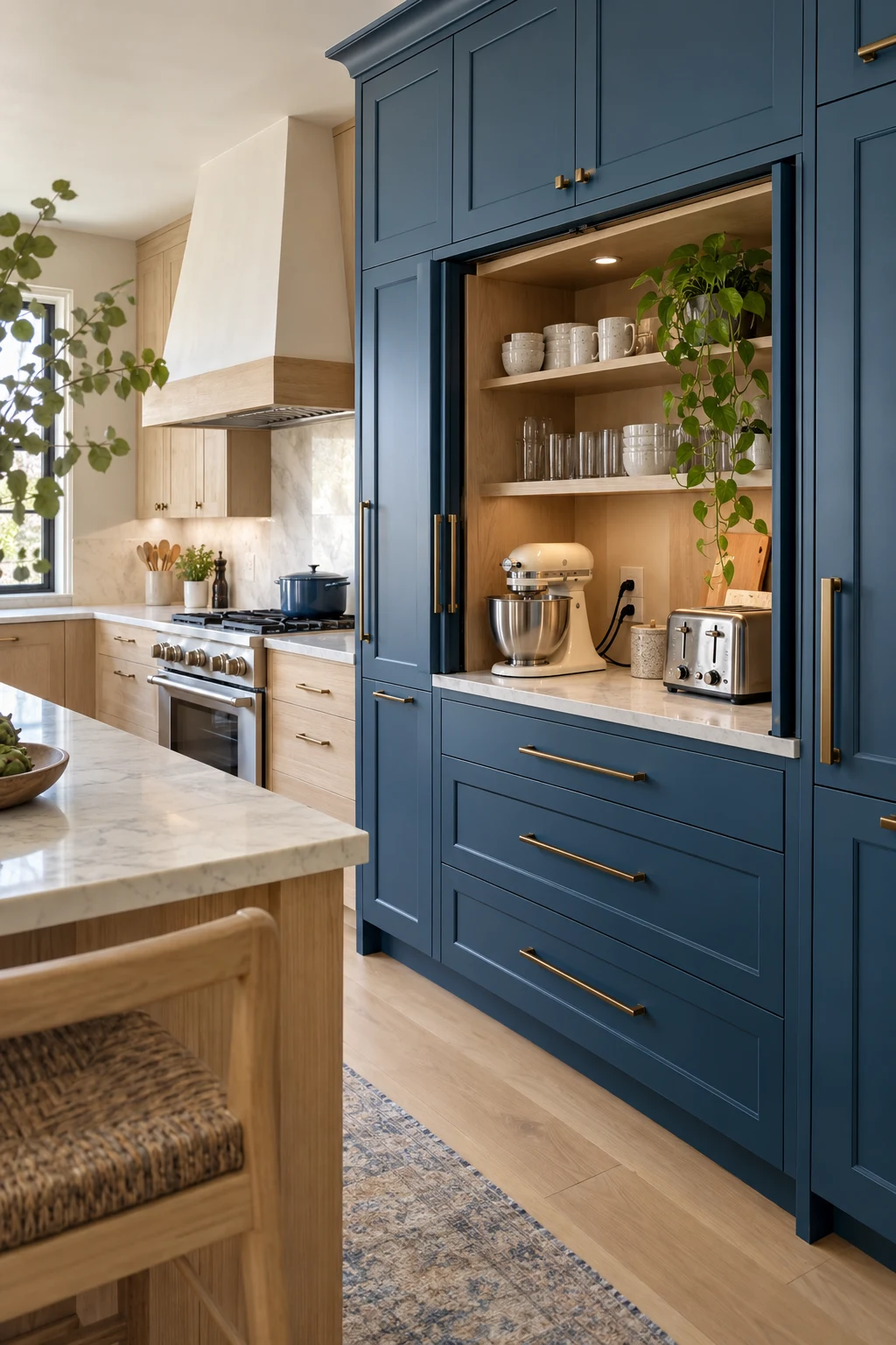 Blue cabinet wall with an open appliance garage and deep drawers