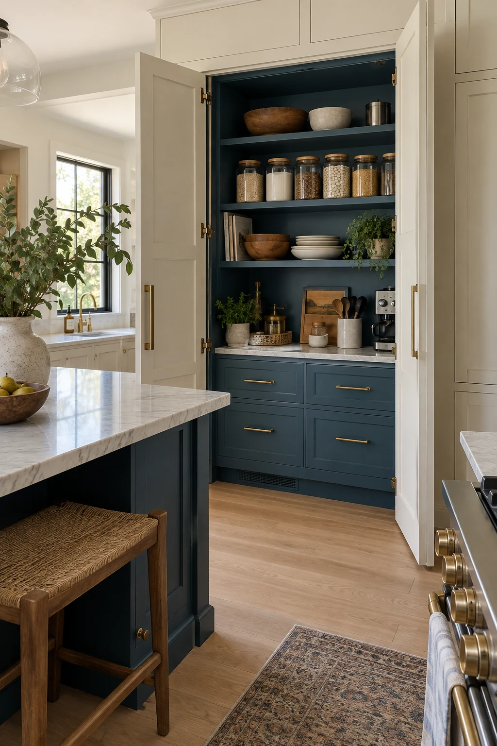 Neutral kitchen with pantry doors open to a rich blue interior
