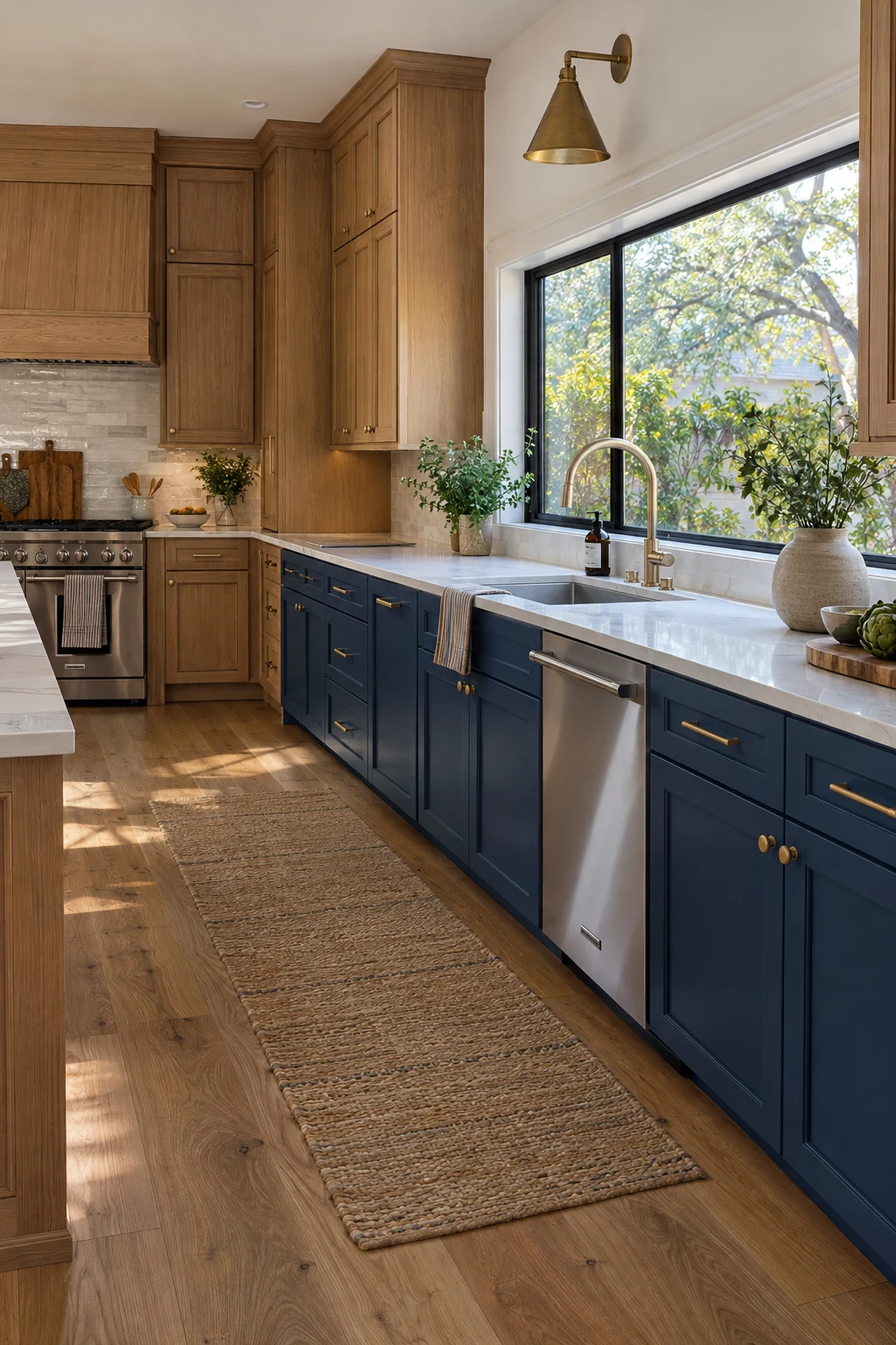 Oak kitchen with a navy-blue cabinet run beneath the sink window