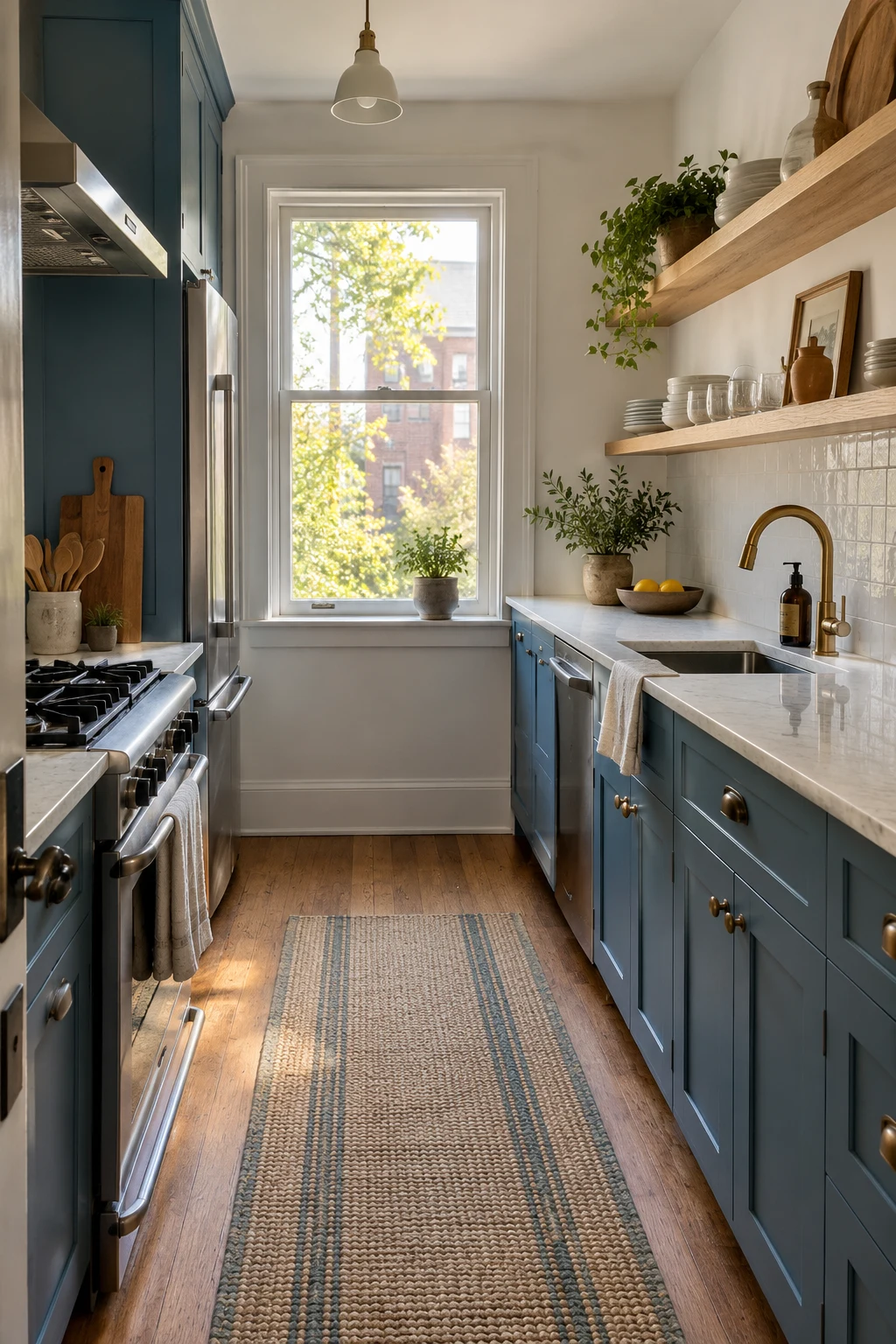Narrow galley kitchen with slate-blue lower cabinets and open oak shelves