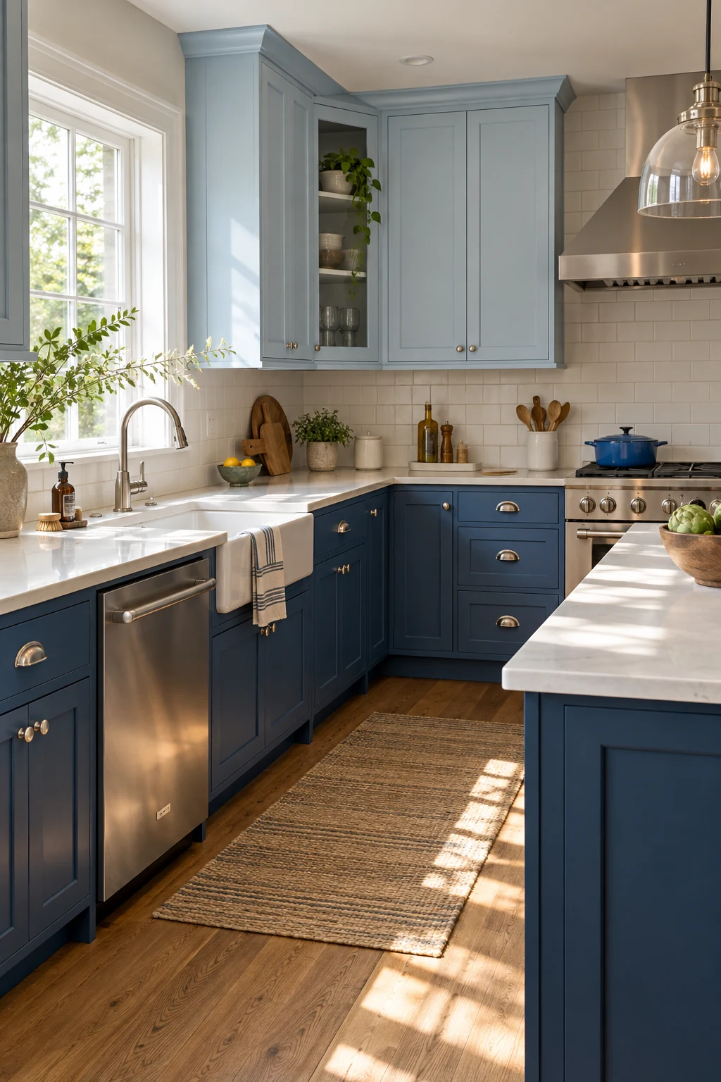 Tonal kitchen with pale-blue uppers and ocean-blue lower cabinets