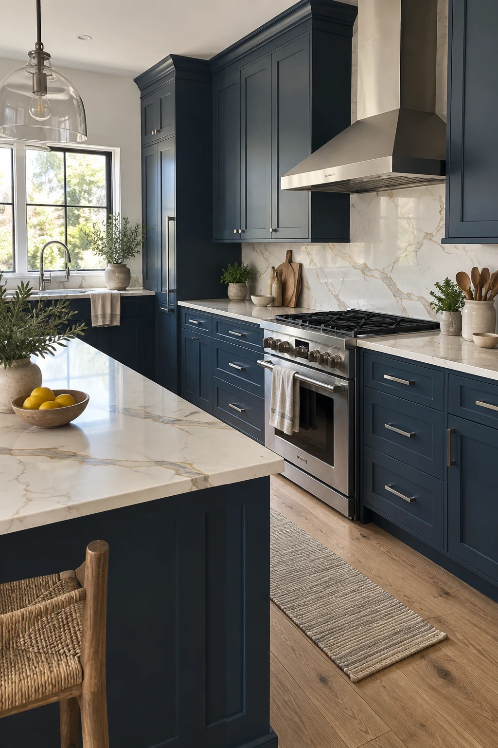 Navy cabinets with creamy Calacatta-look quartz counters and backsplash