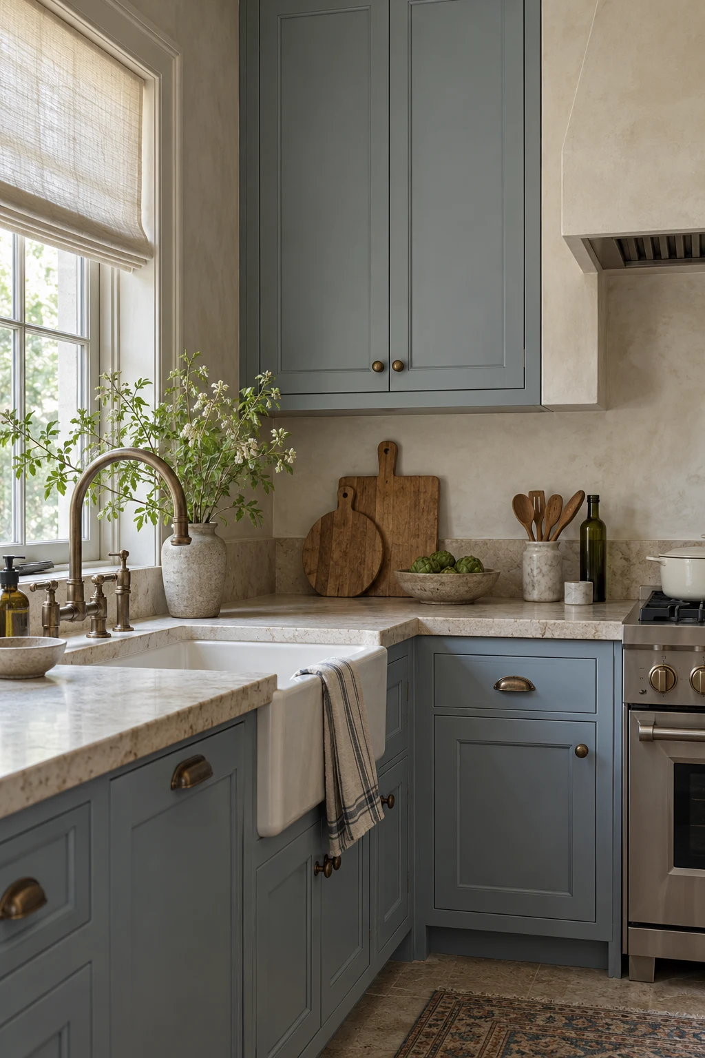 Pale-blue inset cabinets with honed beige limestone counters