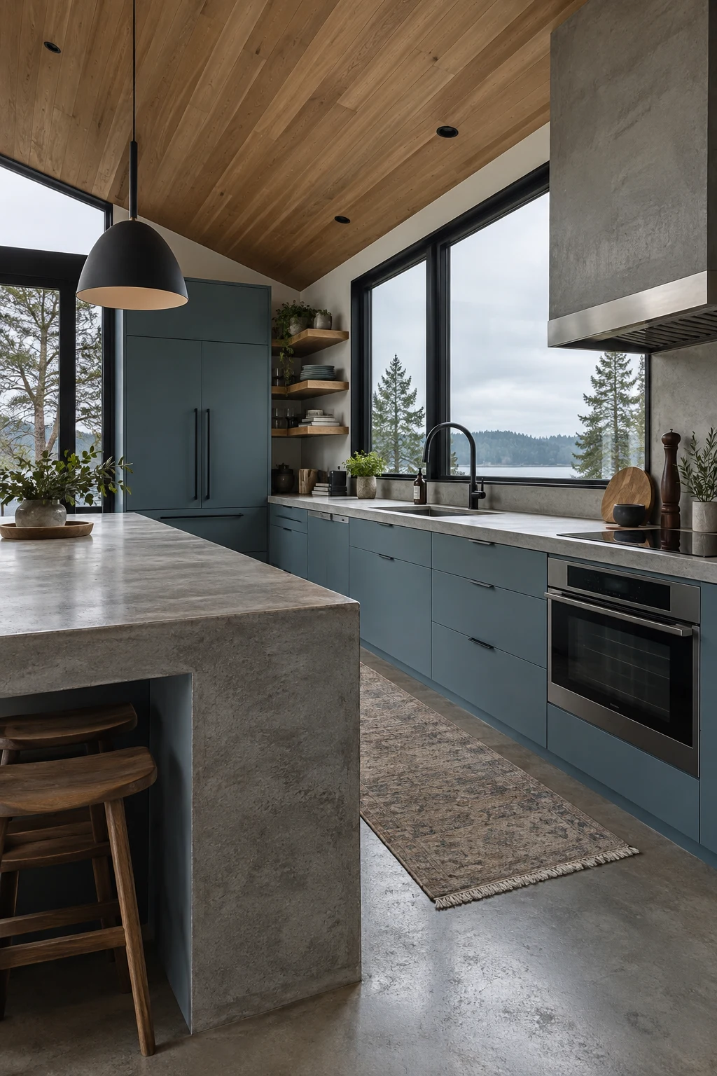 Blue-green slab cabinets with warm-gray concrete counters
