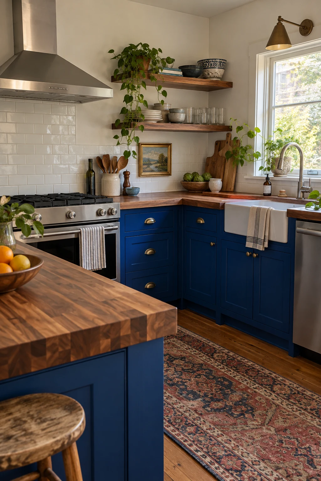 Royal-blue cabinets with dark walnut butcher-block counters
