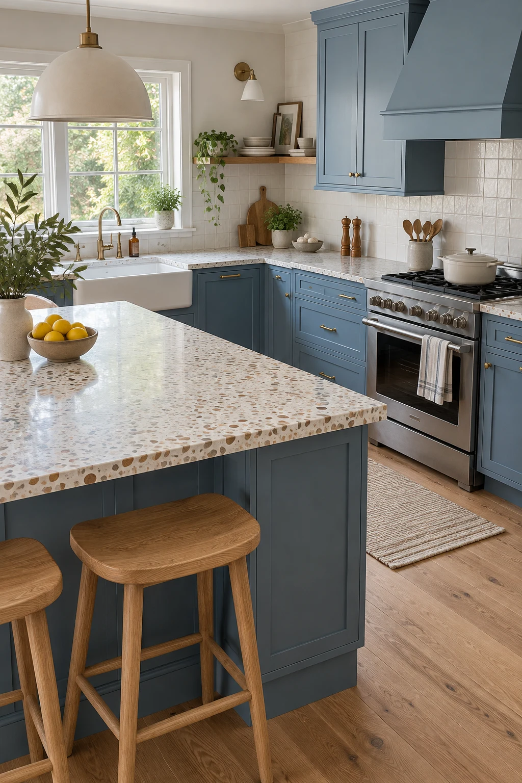 Dusty-blue cabinets with pale terrazzo counters
