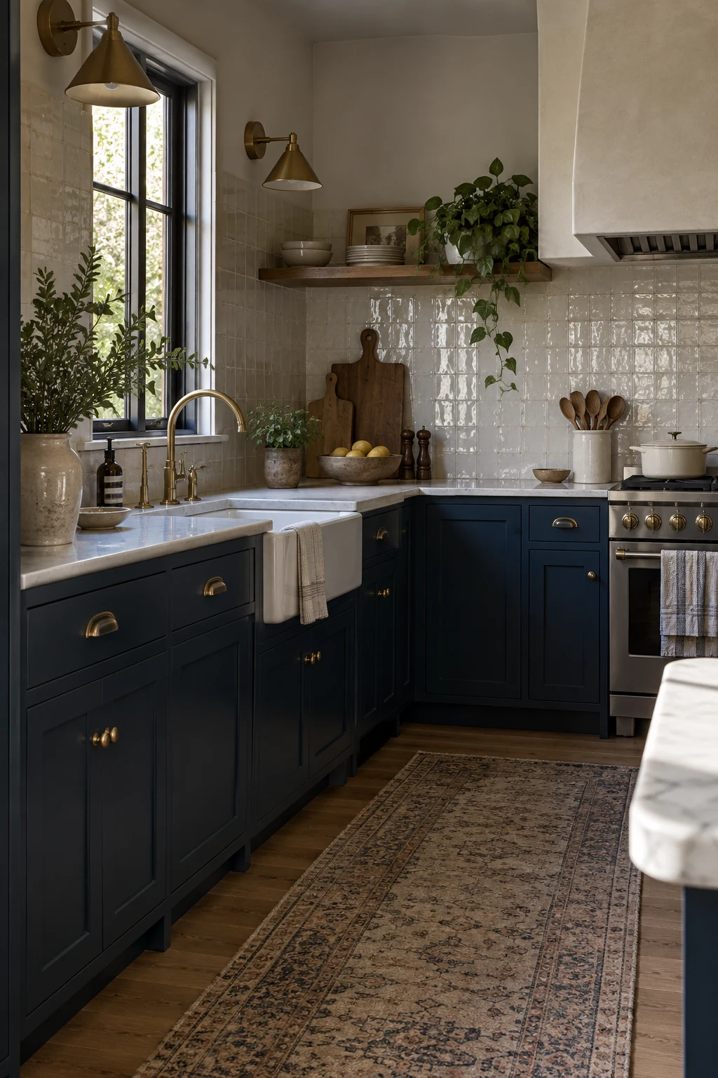 Navy cabinets with a warm-white handmade-look zellige backsplash