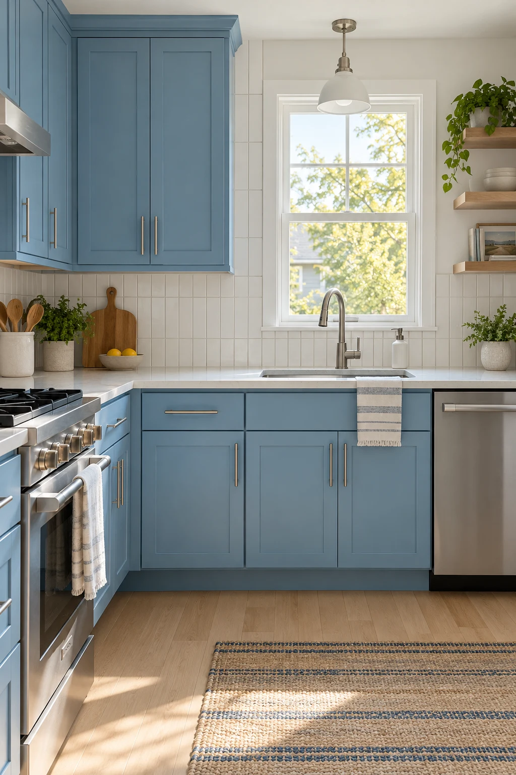 Sky-blue cabinets with a white vertical stacked-tile backsplash