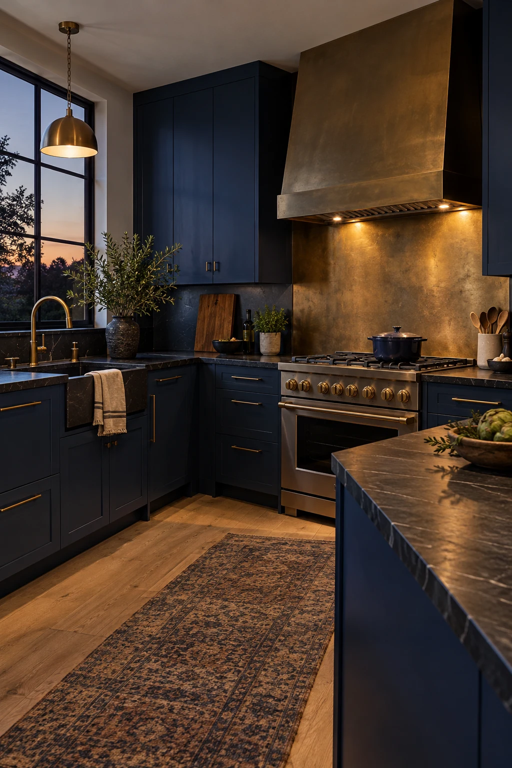 Indigo cabinets with an aged-brass backsplash behind the range