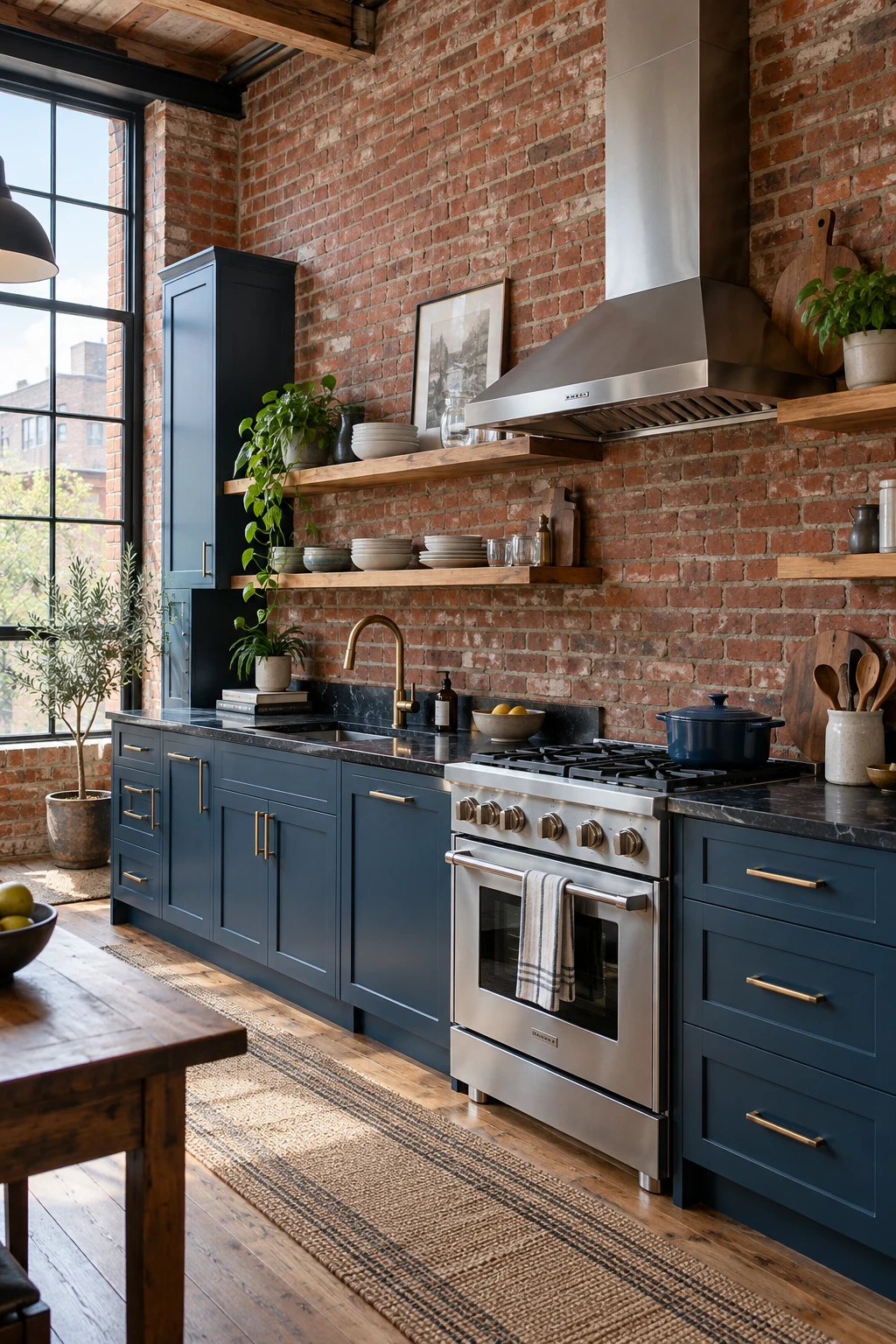 Steel-blue cabinets set against an exposed red-brick kitchen wall