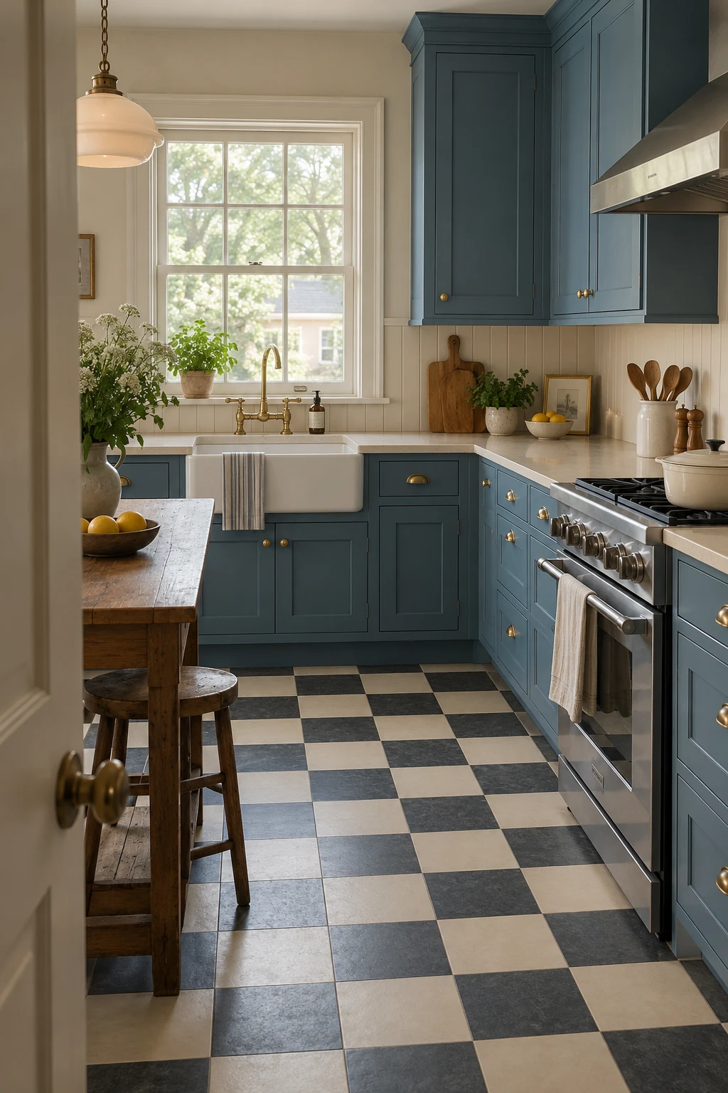 Medium-blue cabinets above a cream-and-charcoal checkerboard floor