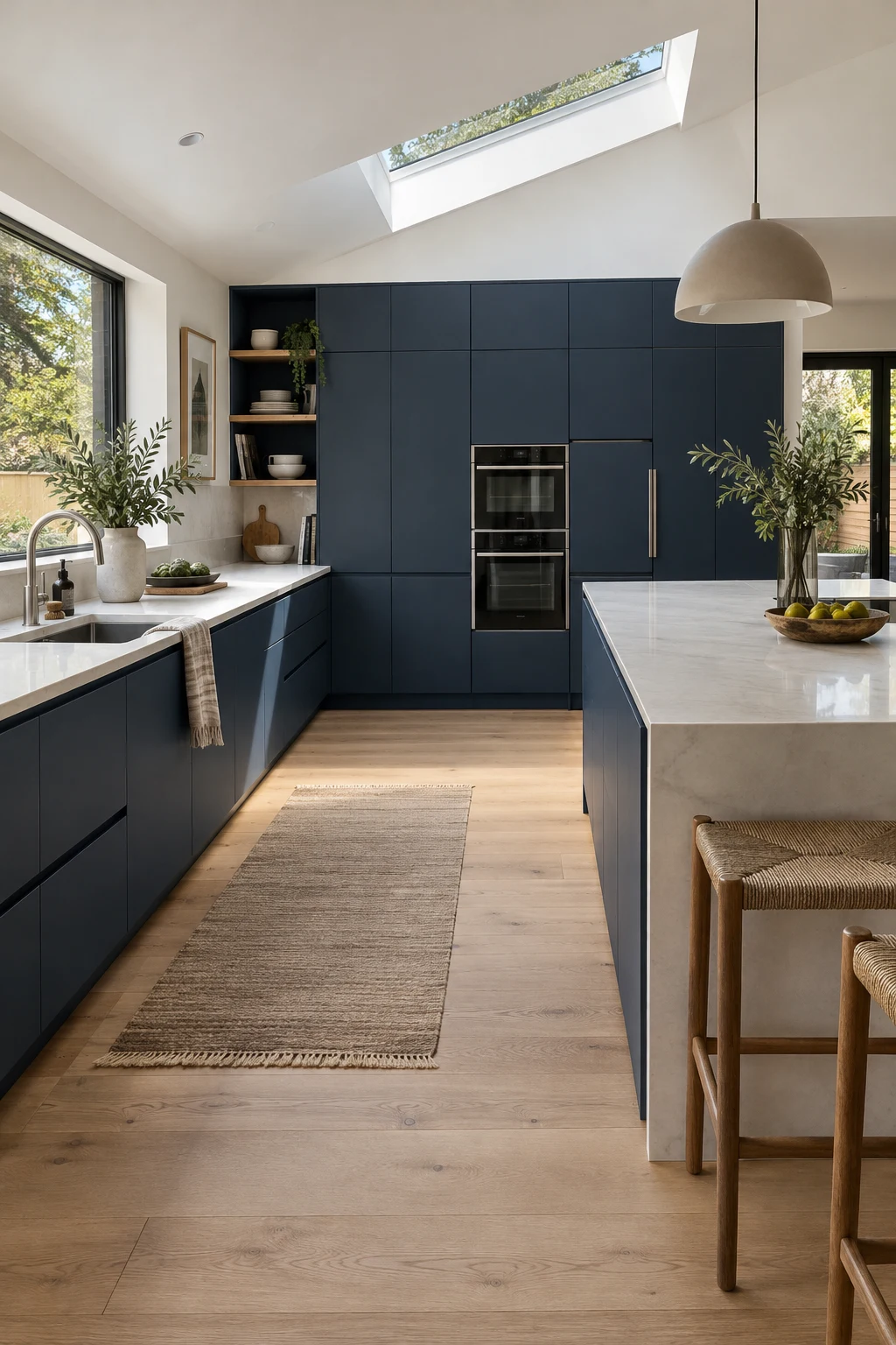 Minimal kitchen with matte navy flat-panel cabinets and pale oak flooring