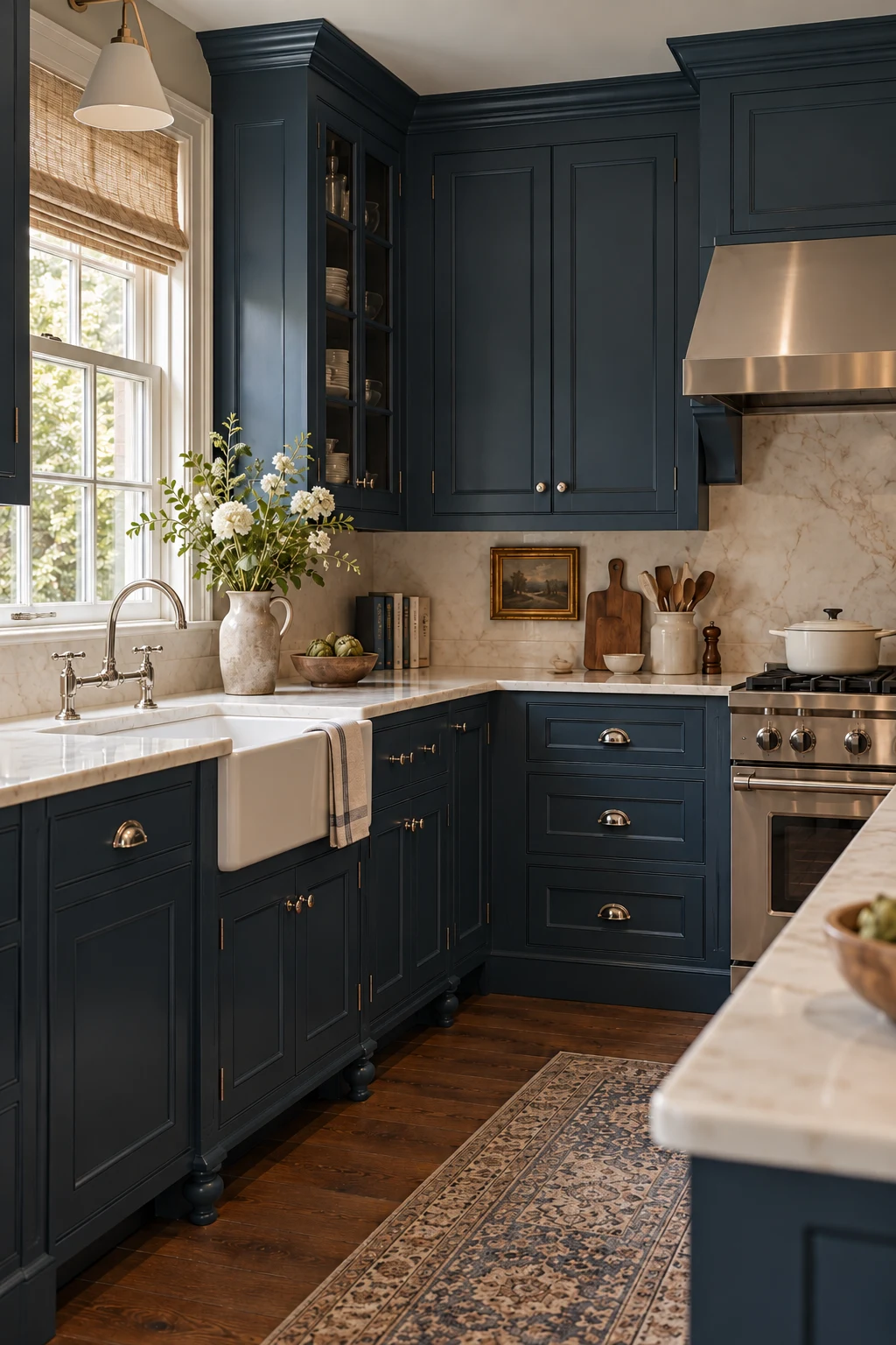 Traditional kitchen with Prussian-blue inset cabinets and polished nickel