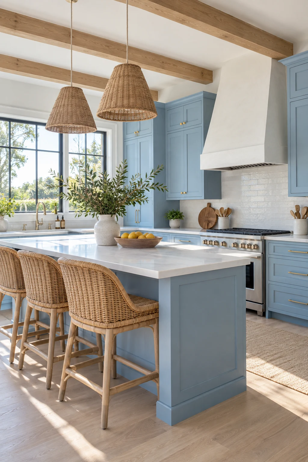 Coastal kitchen with sky-blue cabinets and rattan counter stools