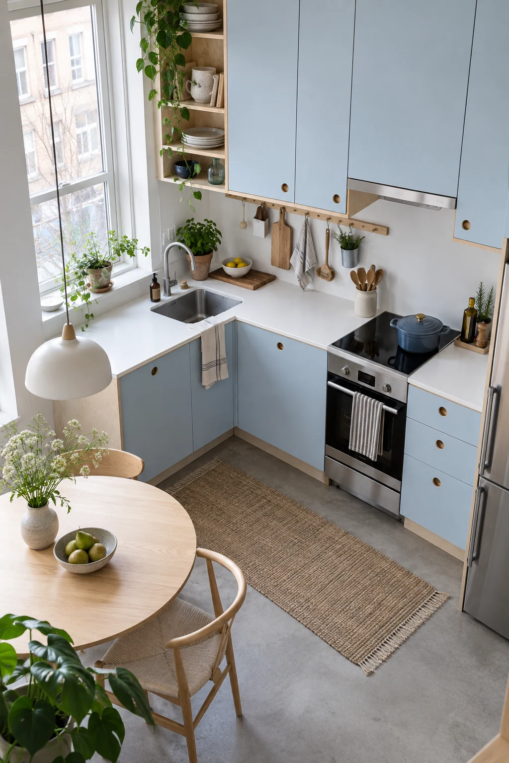 Compact Scandinavian kitchen with pale-blue slab cabinets and birch accents