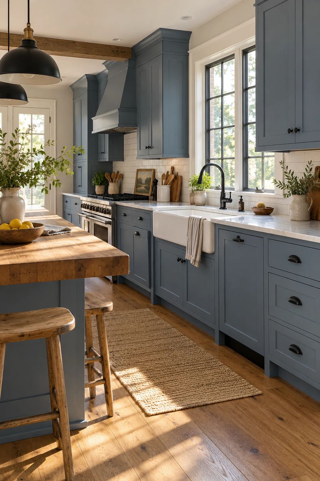 Muted-blue farmhouse kitchen with an apron-front sink and black hardware