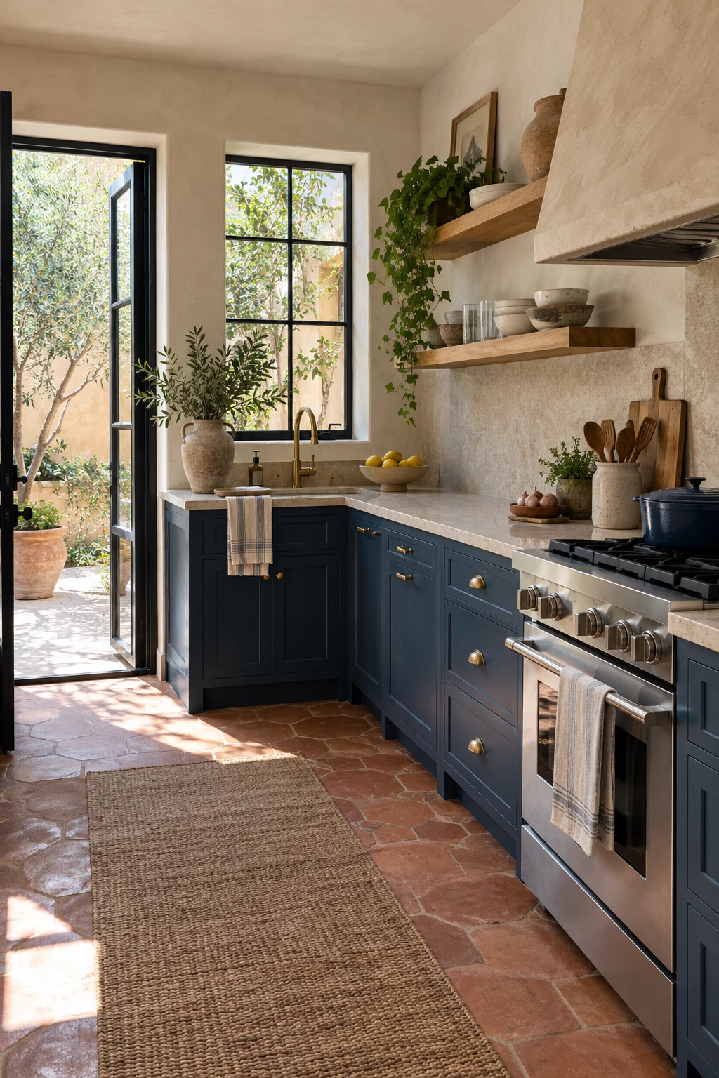 Mediterranean kitchen with lapis-blue cabinets and terracotta flooring