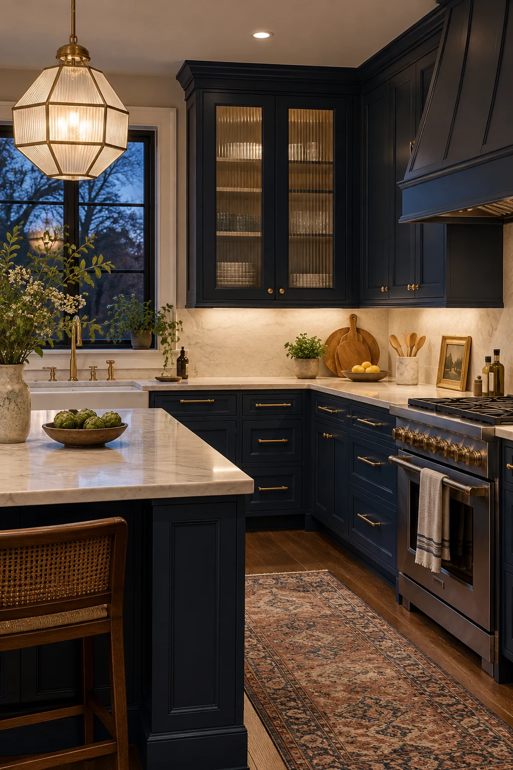 Navy Art Deco kitchen with fluted-glass upper doors and brass details