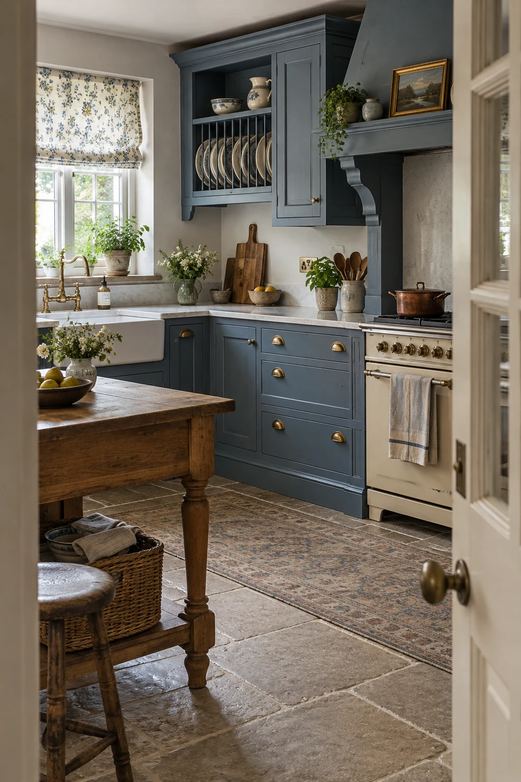 English-country blue kitchen with an integrated plate rack