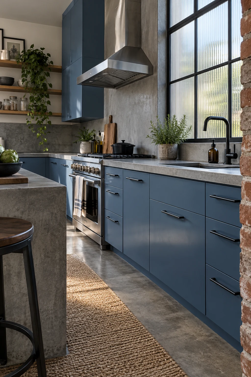 Industrial kitchen with steel-blue cabinets and black hardware