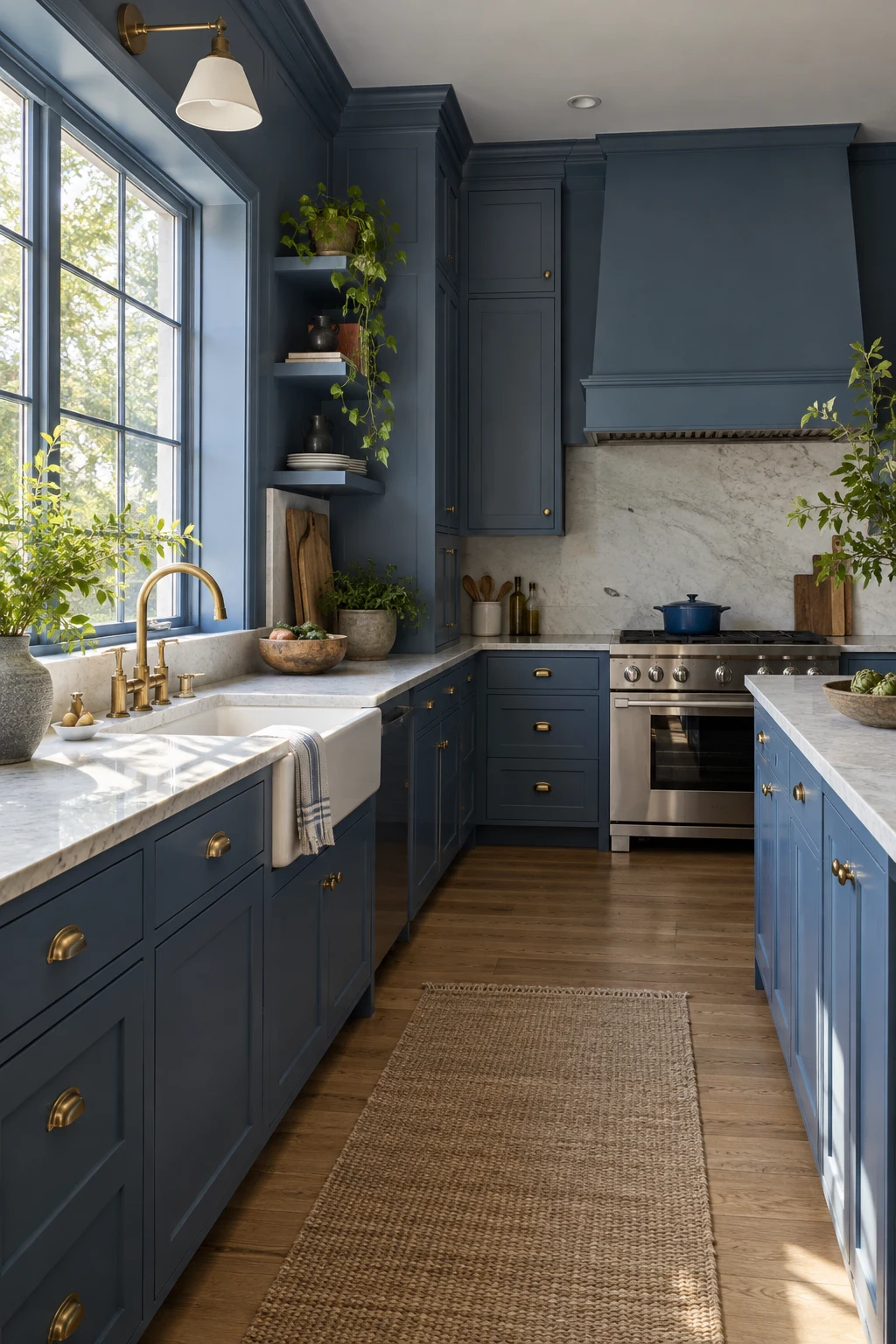 Color-drenched kitchen with blue cabinets, walls, and trim